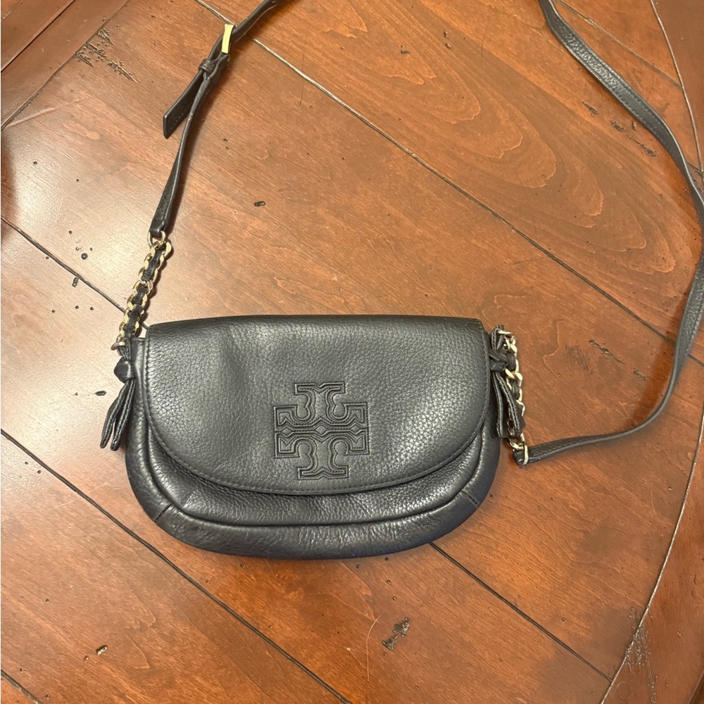 Tory Burch Black Pebbled Leather Chain-Accent Crossbody